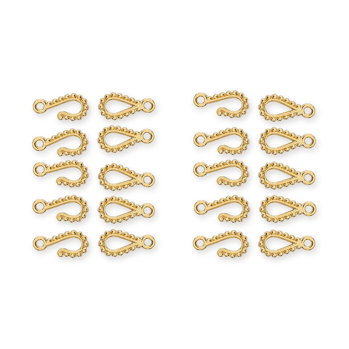 24K gold plated beaded hook and eye clasp sets, ten hooks and ten eyes laid out in rows on white