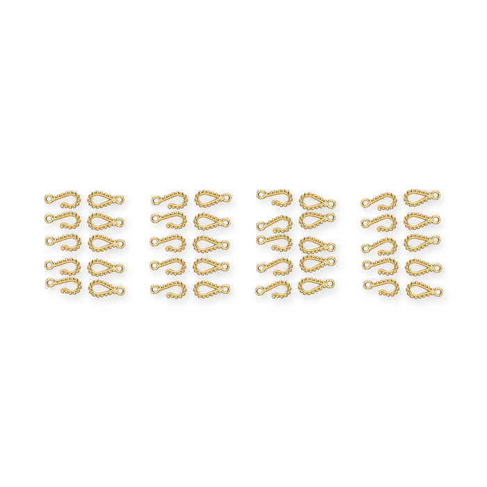 24K gold plated beaded hook and eye clasp sets arranged in four groups of five pairs on white