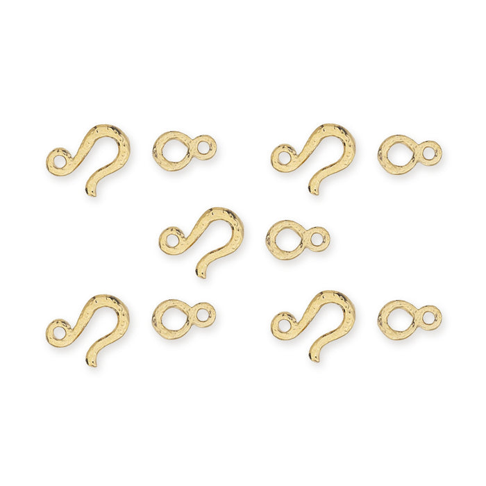 24K gold plated hammered hook and eye clasp sets, five hooks and five eyes laid out on white