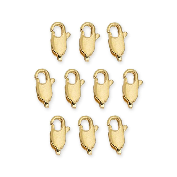 24K gold plated brass lobster clasps, 10mm, ten clasps arranged in rows on white