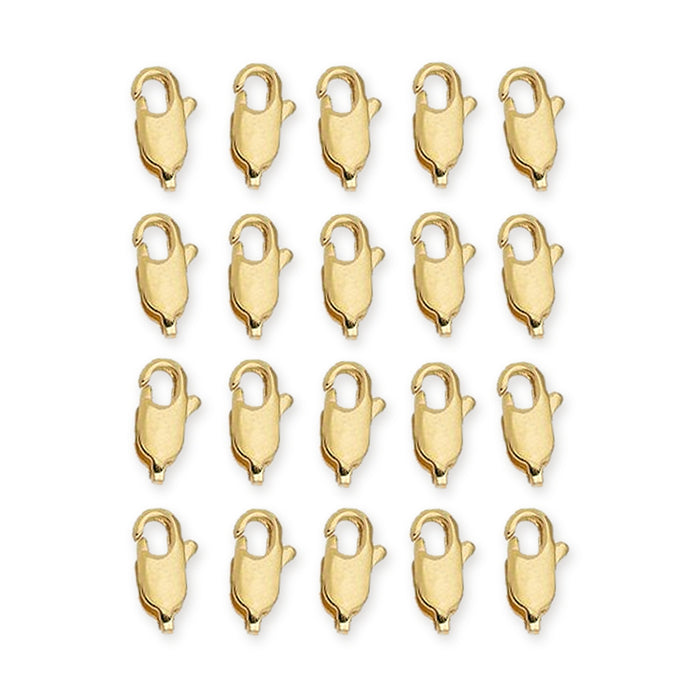 24K gold plated brass lobster clasps, 10mm, arranged in a grid of four rows with five clasps each