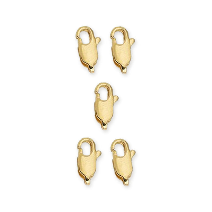 Five 24K gold plated brass lobster clasps, 10mm, arranged in a group on a white background