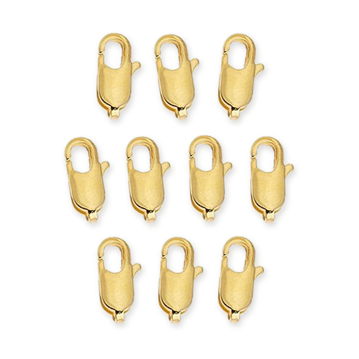 24K gold plated brass lobster clasps, 12mm, ten clasps arranged in rows on a white background
