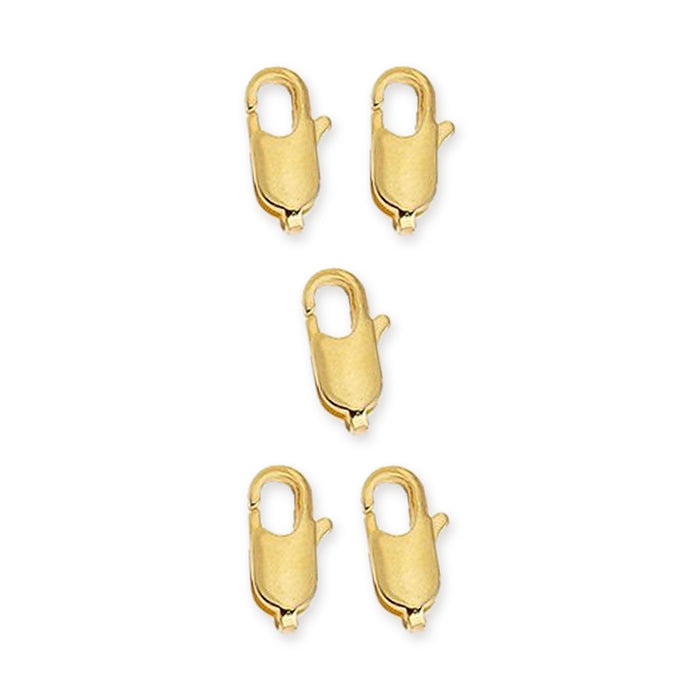 Five 24K gold plated brass lobster clasps, 12mm, arranged in a pattern on a white background