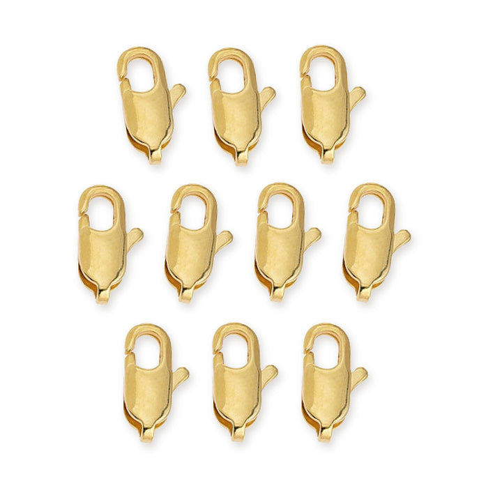 Ten 24K gold plated brass lobster clasps, 14mm, arranged in rows on a white background