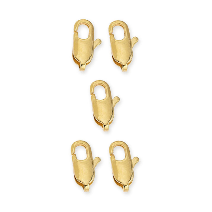 Five 24K gold plated brass lobster clasps, 14mm, arranged in a group on a white background