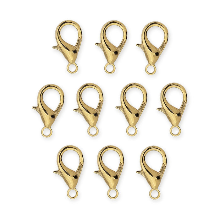 Ten gold plated zinc alloy lobster clasps, 12x23mm, arranged in rows on a white background