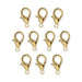 Ten gold plated zinc alloy lobster clasps, 12x23mm, arranged in rows on a white background