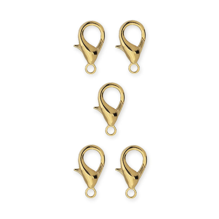 24K gold plated zinc alloy lobster clasps, five clasps arranged on a white background