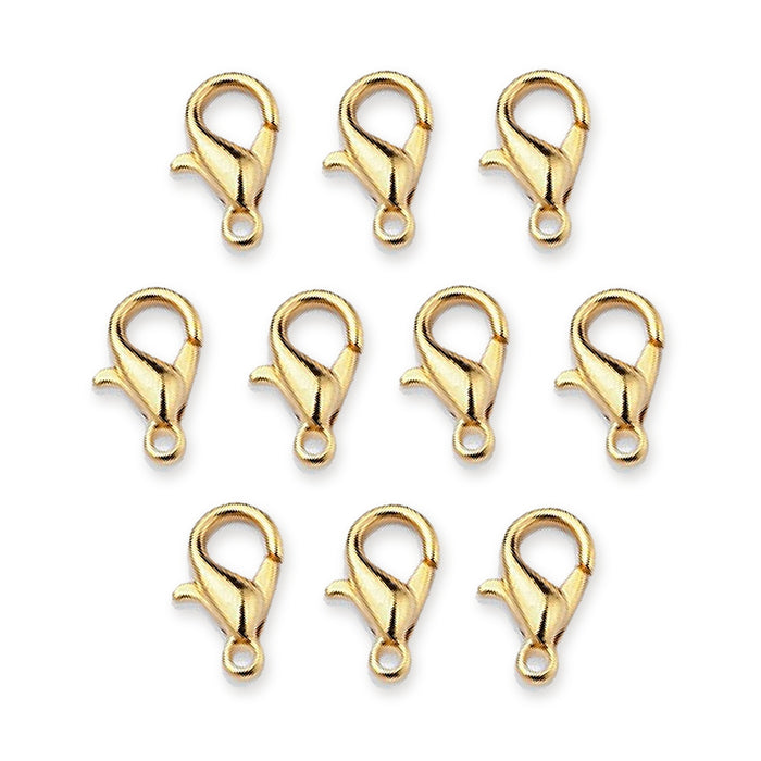 24K gold plated zinc alloy lobster clasps, ten clasps arranged in rows on a white background