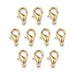24K gold plated zinc alloy lobster clasps, ten clasps arranged in rows on a white background