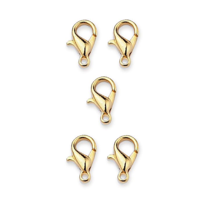 Five gold plated zinc alloy lobster clasps, 5x10mm, arranged in a group on a white background