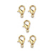 Five gold plated zinc alloy lobster clasps, 5x10mm, arranged in a group on a white background