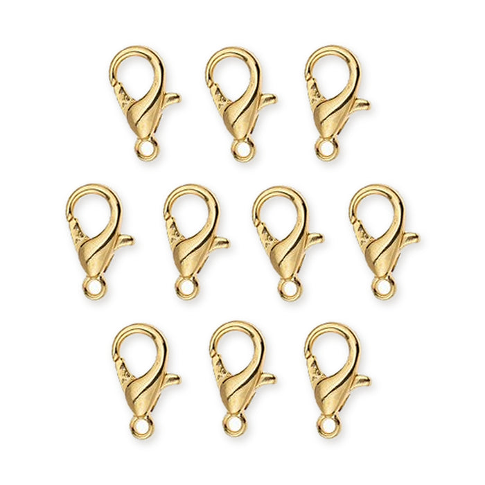 Ten gold plated zinc alloy lobster clasps arranged in rows on a white background