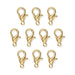 Ten gold plated zinc alloy lobster clasps arranged in rows on a white background