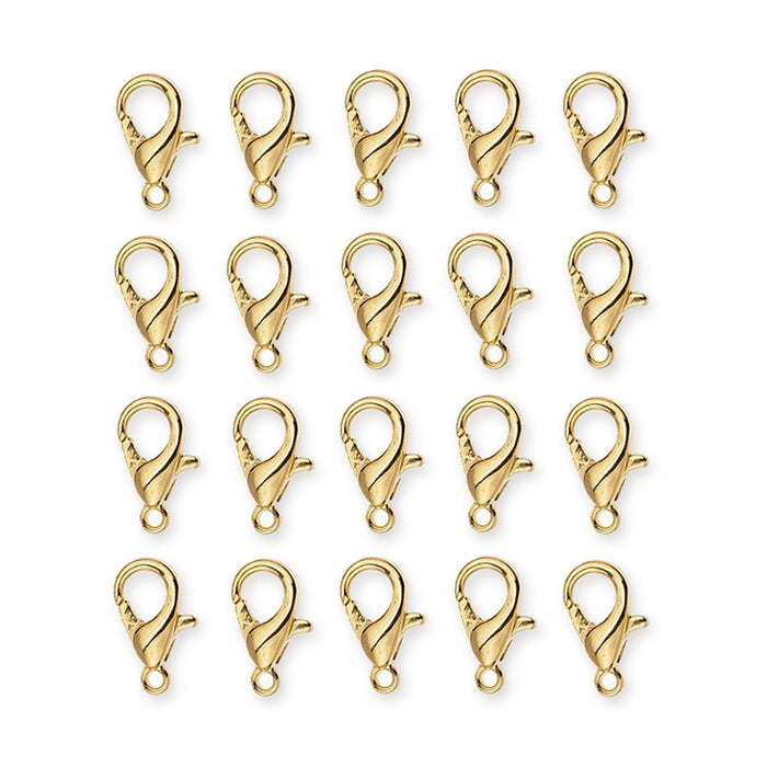 24K gold plated zinc alloy lobster clasps arranged in four rows of five, 20 clasps in total