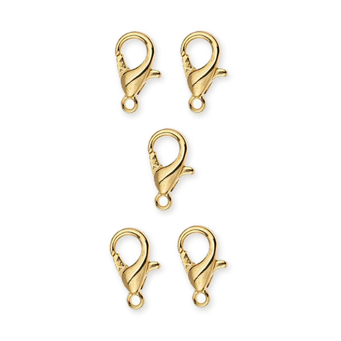 Five gold plated zinc alloy lobster clasps, 6x12mm, arranged in a group on a white background