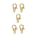Five gold plated zinc alloy lobster clasps, 6x12mm, arranged in a group on a white background