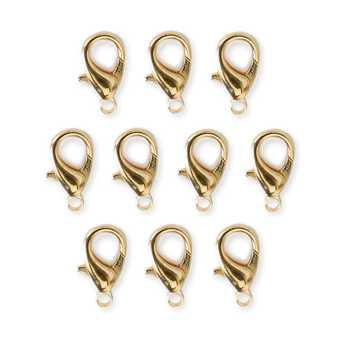 24K gold plated zinc alloy lobster clasps, ten clasps arranged in rows on white