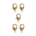 Five gold plated zinc alloy lobster clasps with open jump rings arranged in a pattern on white
