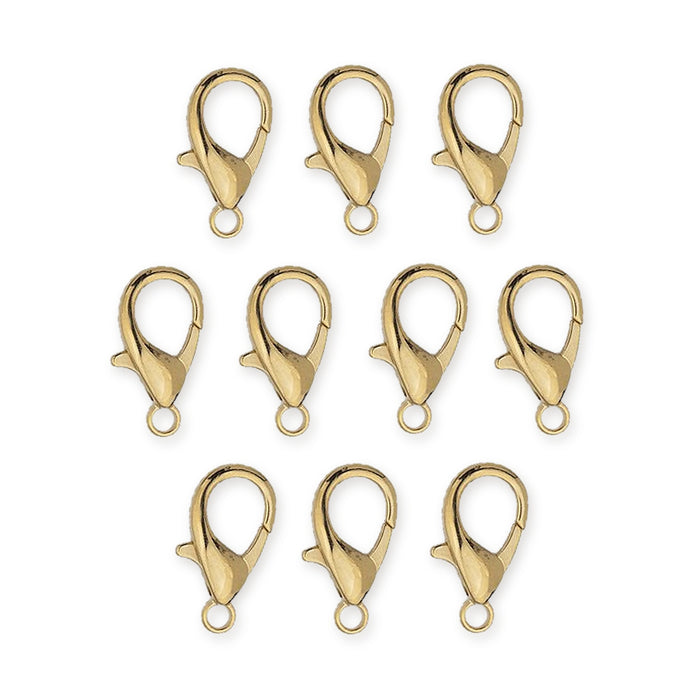 Gold plated zinc alloy lobster clasps, ten clasps arranged in rows on a white background
