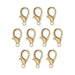 Gold plated zinc alloy lobster clasps, ten clasps arranged in rows on a white background