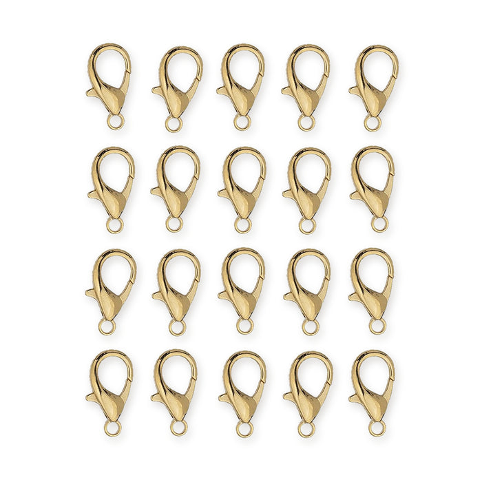 24K gold plated zinc alloy lobster clasps, 20 laid out in four rows of five