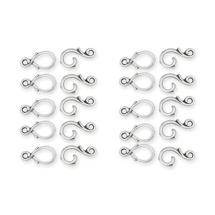 Antiqued silver vine hook and eye clasp sets arranged in two columns of five hooks and five eyes each