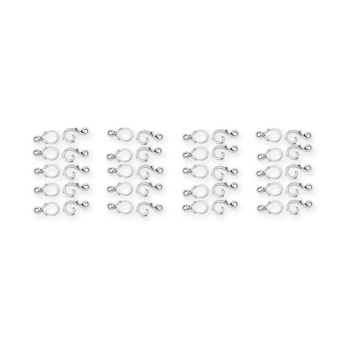 Antiqued silver vine hook and eye clasp sets arranged in four columns of five pairs on a white background