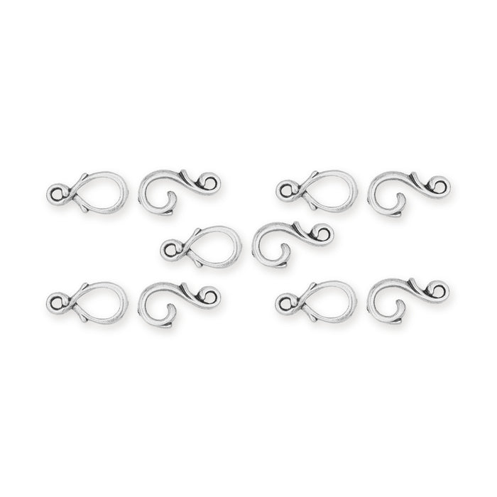 Antiqued silver vine hook and eye clasp sets, five pairs laid out in rows