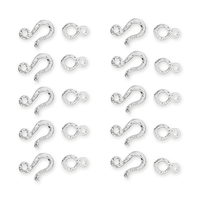 Ten white bronze hammered hook and eye clasp sets laid out in two columns, each with a hook and an eye