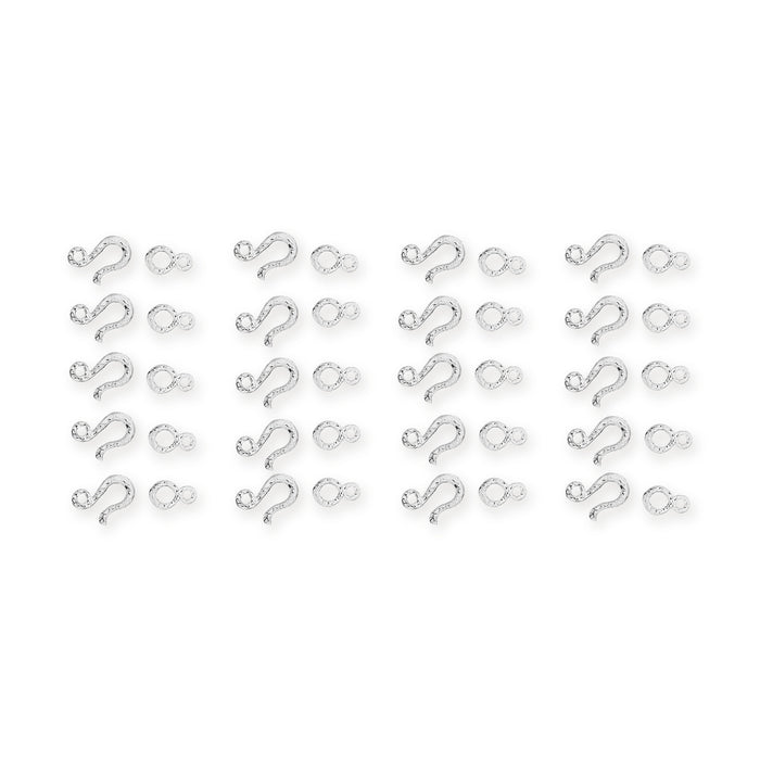 White bronze hammered hook and eye clasp sets arranged in four columns of five sets on a white background