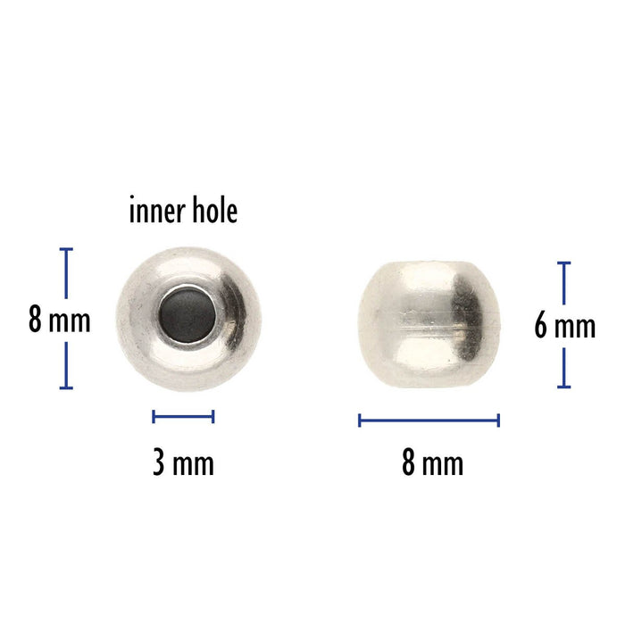 Antiqued silver magnetic ball clasp size diagram: 8mm wide, 6mm tall, 3mm inner hole