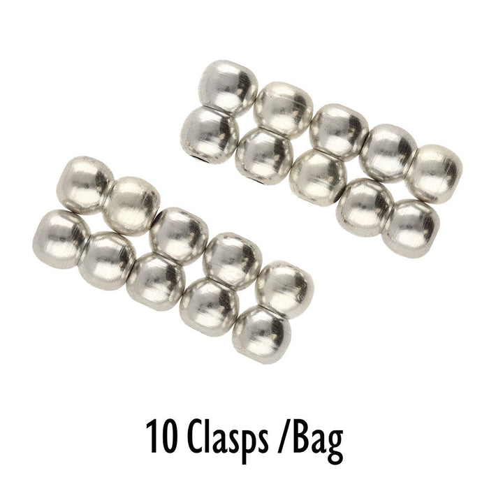 Ten antiqued silver magnetic ball clasps arranged in two groups of five joined pairs, labeled as sold by the bag