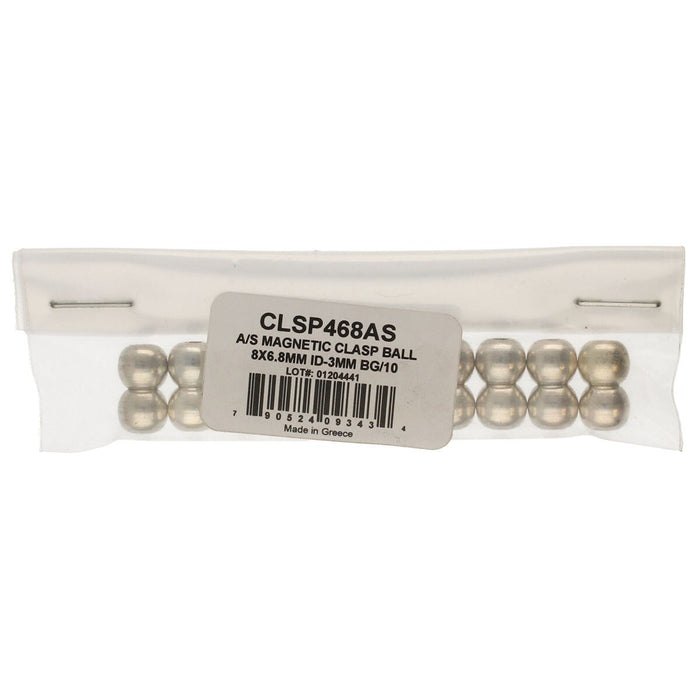 Antiqued silver magnetic ball clasps in a clear bag with a label, made in Greece