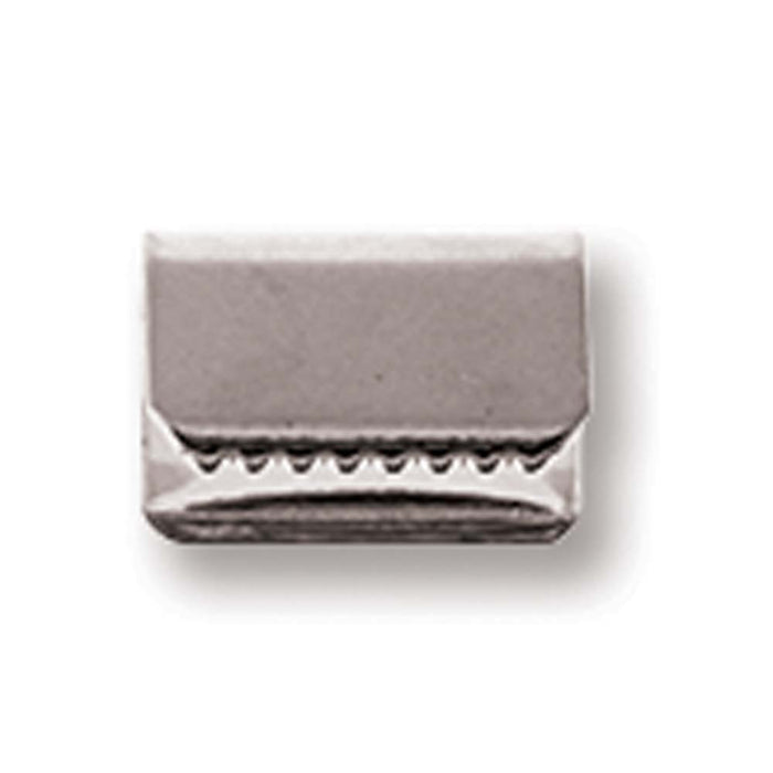 Silver plated ribbon crimp end, single piece shown close up with toothed gripping edge and flat front