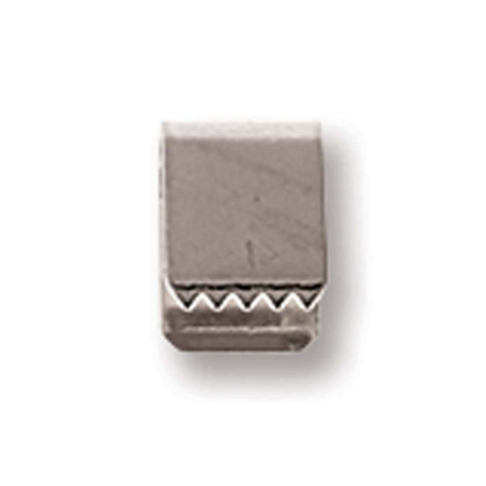 Silver plated ribbon crimp end, close-up showing the flat front and toothed gripping edge