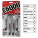 E6000 mini tubes in retail packaging beside a checklist of compatible surfaces including ceramics, fabric, glass and wood