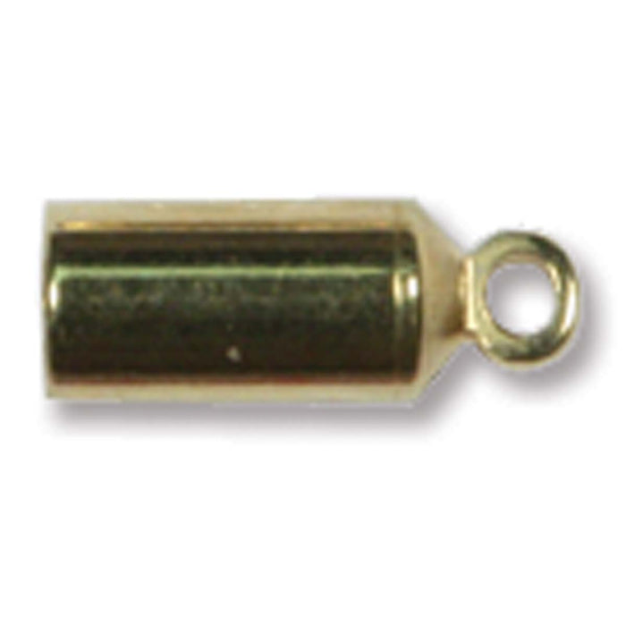 Gold plated glue-in barrel end cap with a small loop at one end, shown from the side on a white background