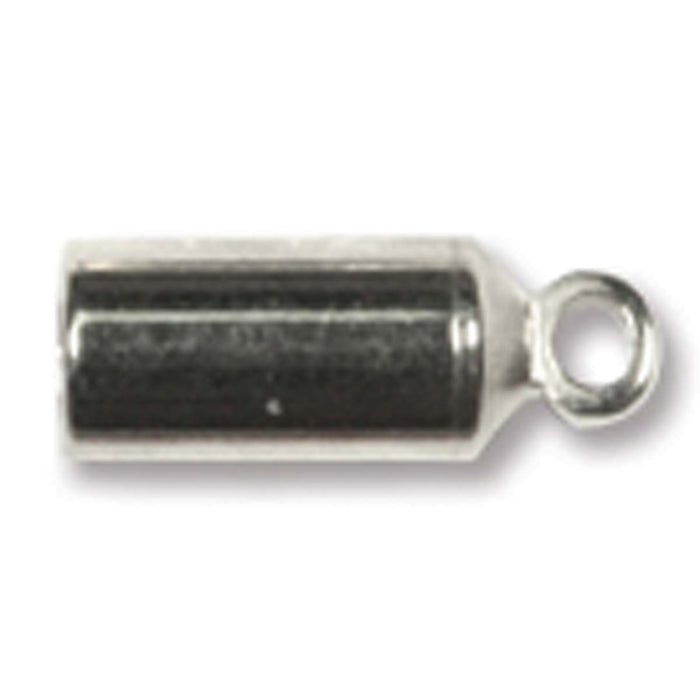 Silver plated glue-in barrel end cap with a small loop at one end, shown from the side