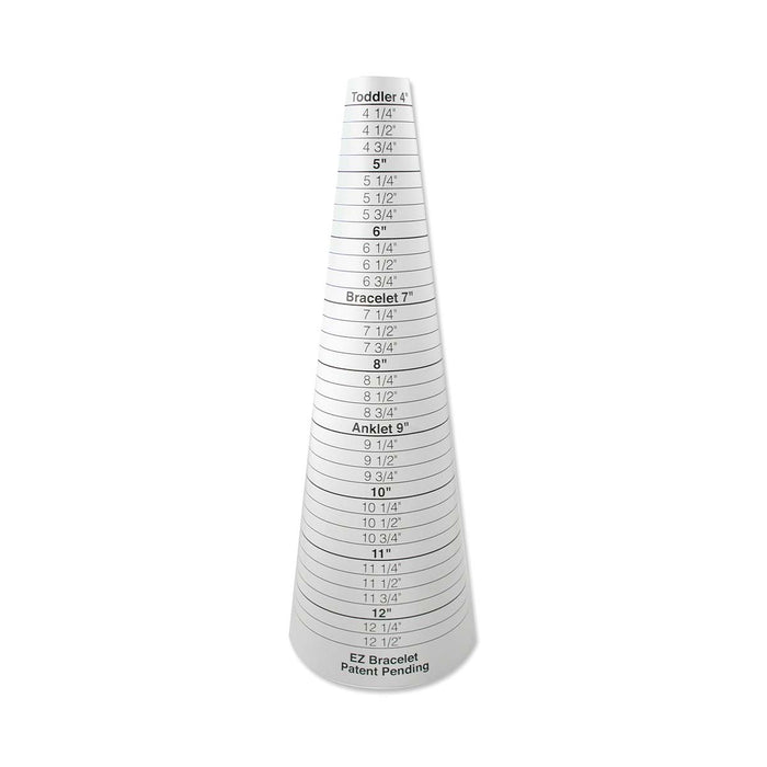 EZ bracelet sizer cone with inch markings from toddler 4 to 12 inches, bracelet 7 and anklet 9 sizes labeled