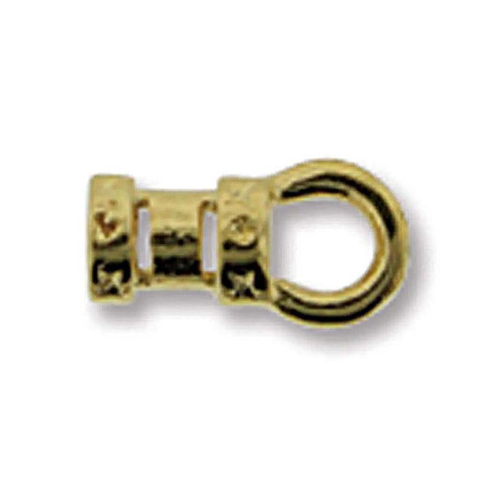 Gold plated crimp cord end with ring, side view showing the open slots, decorative end bands and round loop