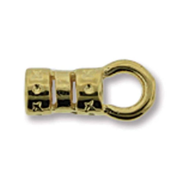 Gold plated crimp cord end with ring, side view showing the slotted barrel with small star-like marks and the round loop