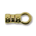 Gold plated crimp cord end with ring, side view showing the slotted barrel with small star-like marks and the round loop