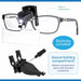 Clip-on mechanism and battery compartment of the LED magnifier, opened with the included screwdriver, batteries included
