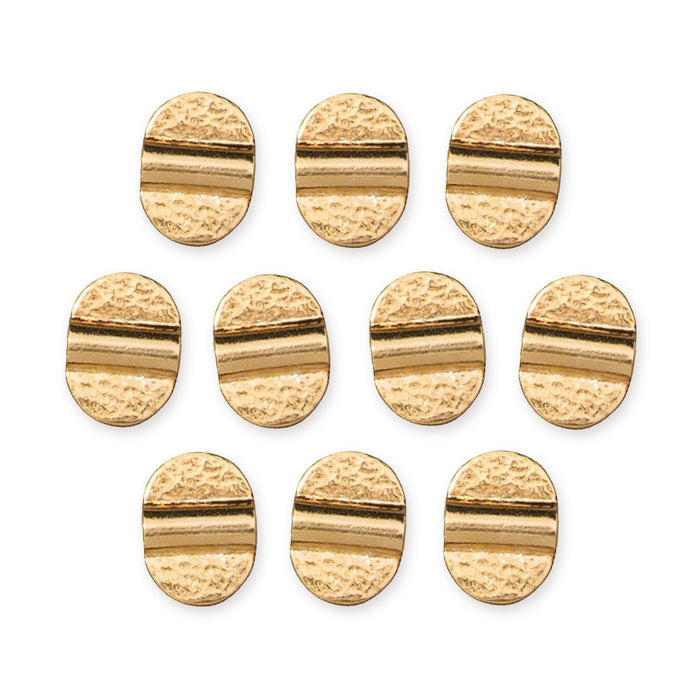 Ten 24K gold plated hammered Baule beads arranged in rows on a white background