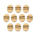 Ten 24K gold plated hammered Baule beads arranged in rows on a white background