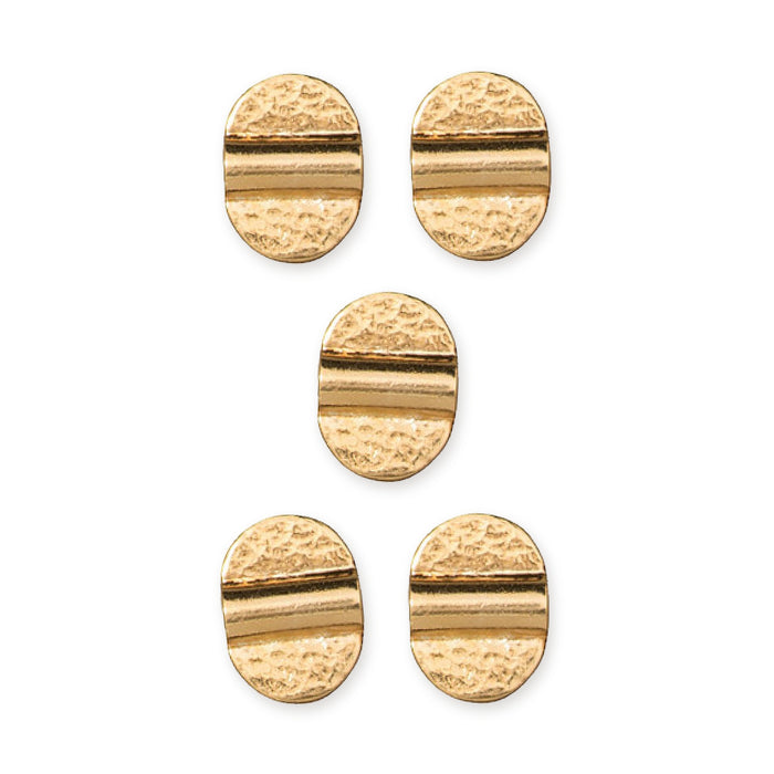 24K gold plated hammered Baule oval beads, five beads arranged in a pattern showing the textured surface and center ridge