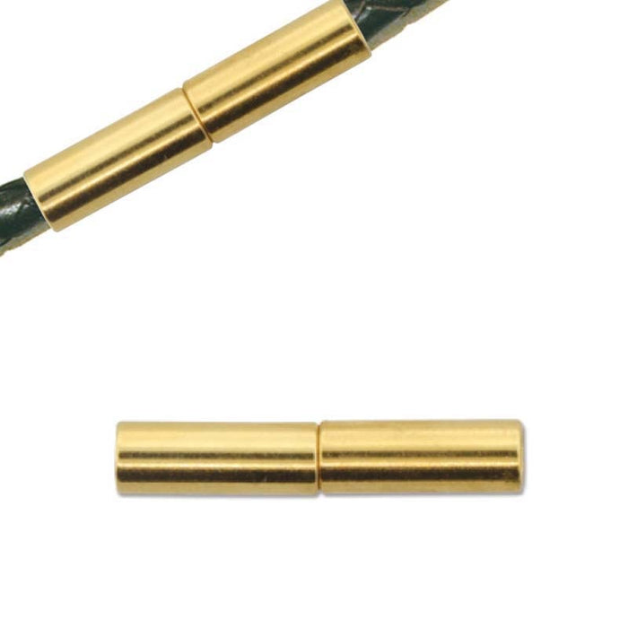 Gold plated magnetic glue-in clasp shown closed on green braided cord above a single clasp on white