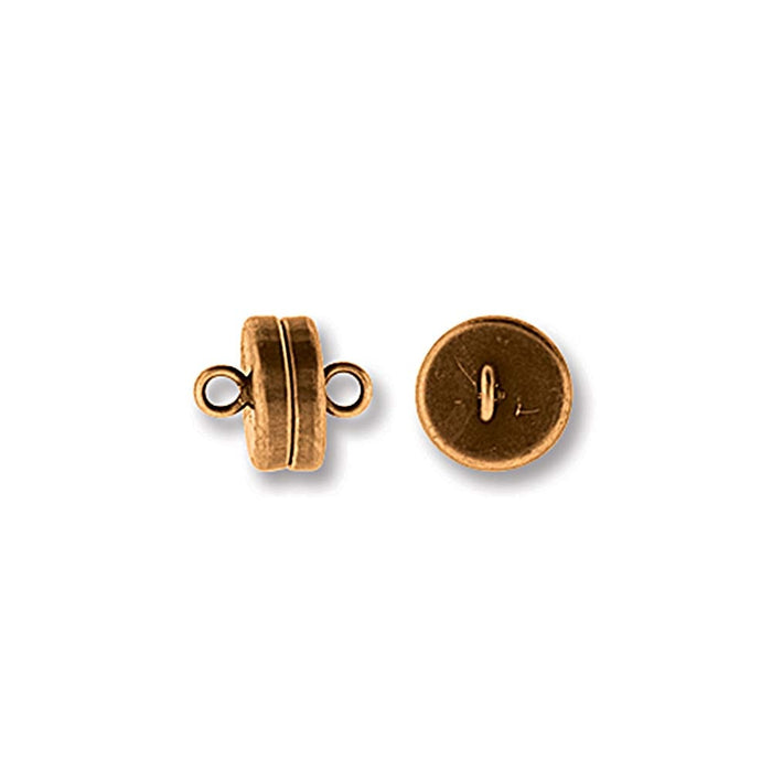 Antiqued copper magnetic clasp, 8mm, shown from the side with a loop and from the back with a small loop
